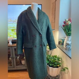 Topshop Dark Green Bouclé Double-Breasted Pea Coat